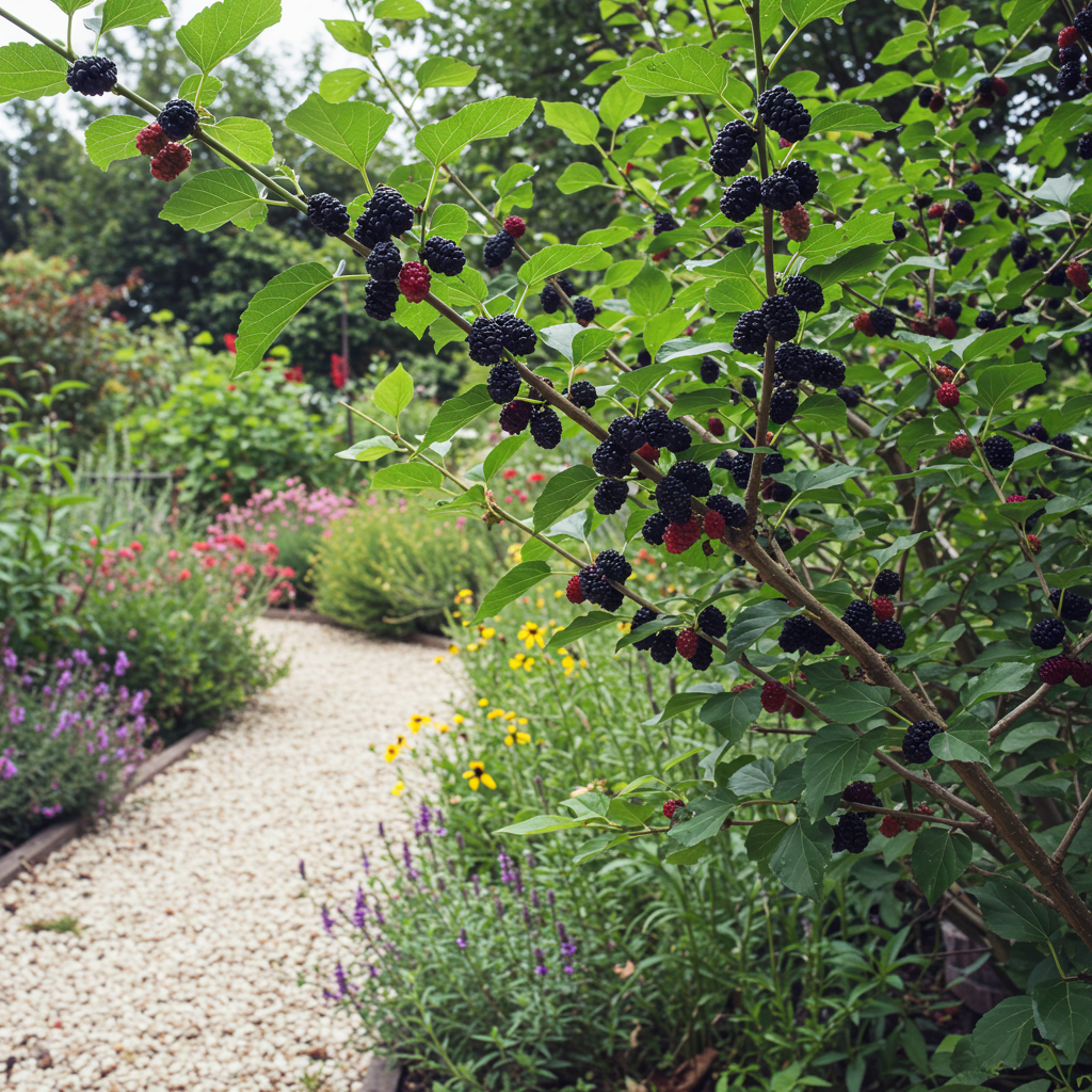 A Black Mulberry - Morus nigra tree with ripe, antioxidant-rich mulberries grows beside a gravel garden path lined with colourful flowers.