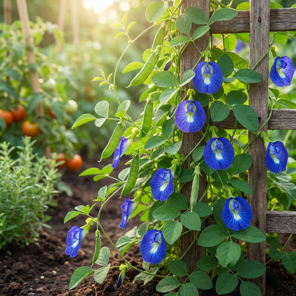 Blue Butterfly Pea - Clitoria ternatea climbs a sunny garden trellis, its edible blue blooms vibrant among thriving vegetables.