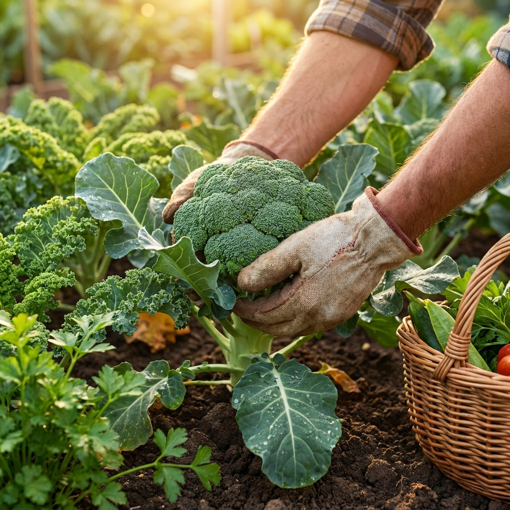 Wearing gloves, a gardener harvests Broccoli Green Sprouting Calabrese (Brassica oleracea var. italica), a nutrient-rich vegetable, from the garden, placing it in a basket with other fresh produce nearby.