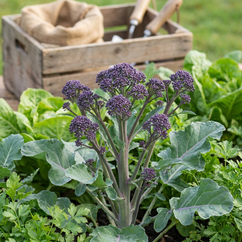 A Broccoli Purple Sprouting (Brassica oleracea) plant grows in a garden, with a wooden crate and garden tools visible in the background.