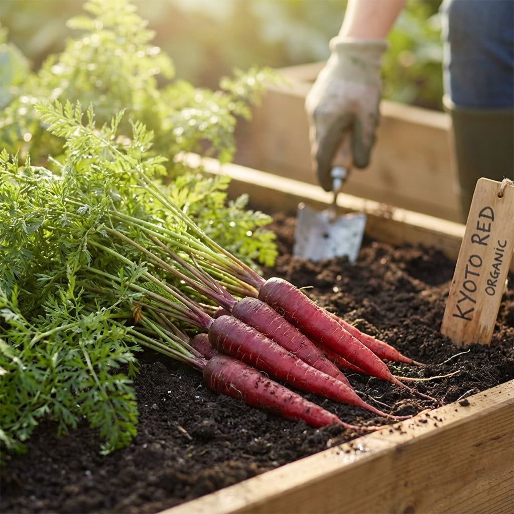 A bunch of freshly harvested Carrot - Kyoto Red lies on garden soil, highlighting this sweet red heirloom carrot variety.