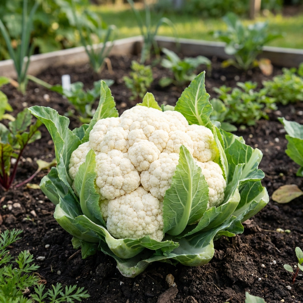 A head of Cauliflower - All Year Round Brassica oleracea botrytis growing in a garden bed, nestled among green leaves and soil.