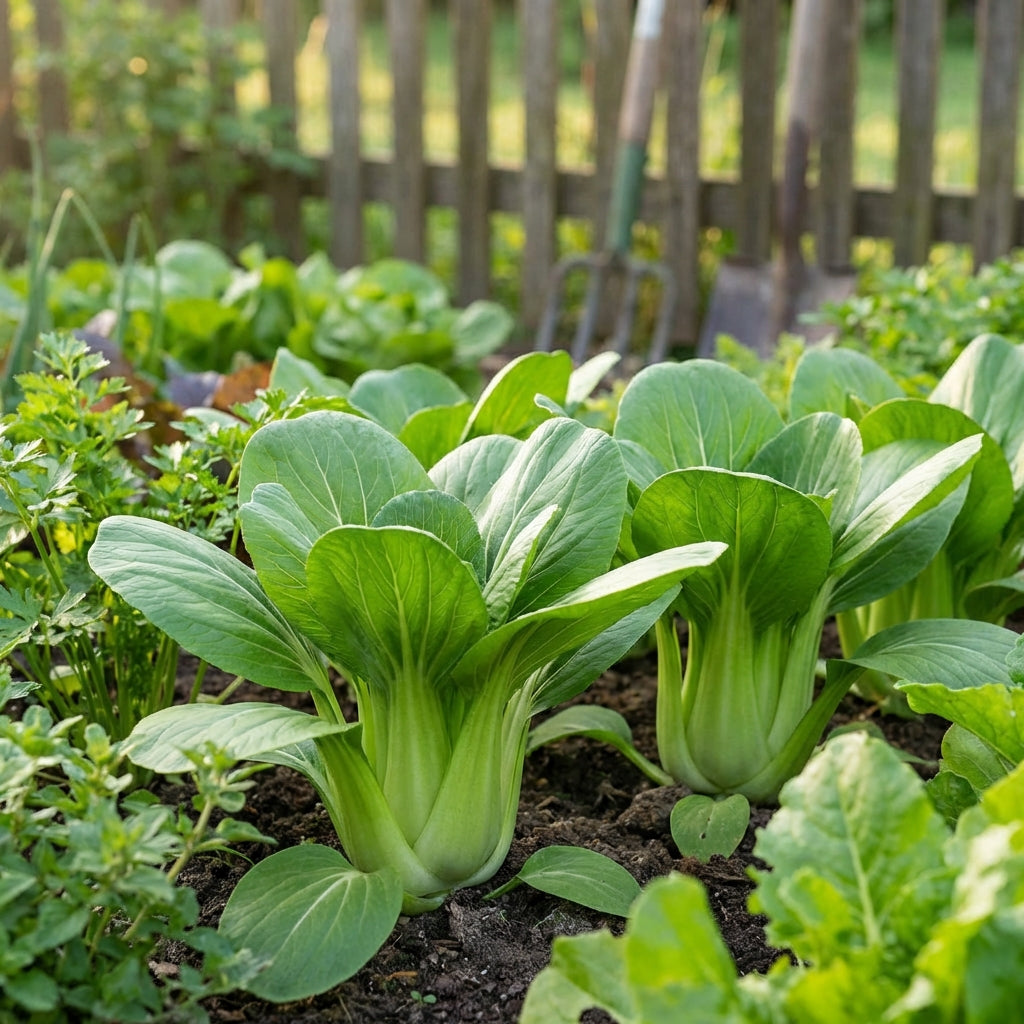 Chinese Cabbage (Pak Choi) - White Stem Brassica rapa and other Asian greens thrive in a garden bed, set against a wooden fence with gardening tools nearby.