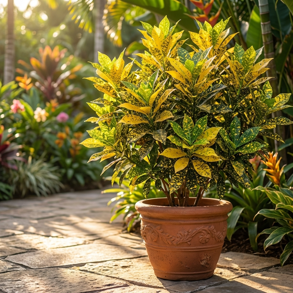 Croton - Codiaeum variegatum with yellow-green leaves displayed on a sunlit stone patio, surrounded by lush tropical foliage.