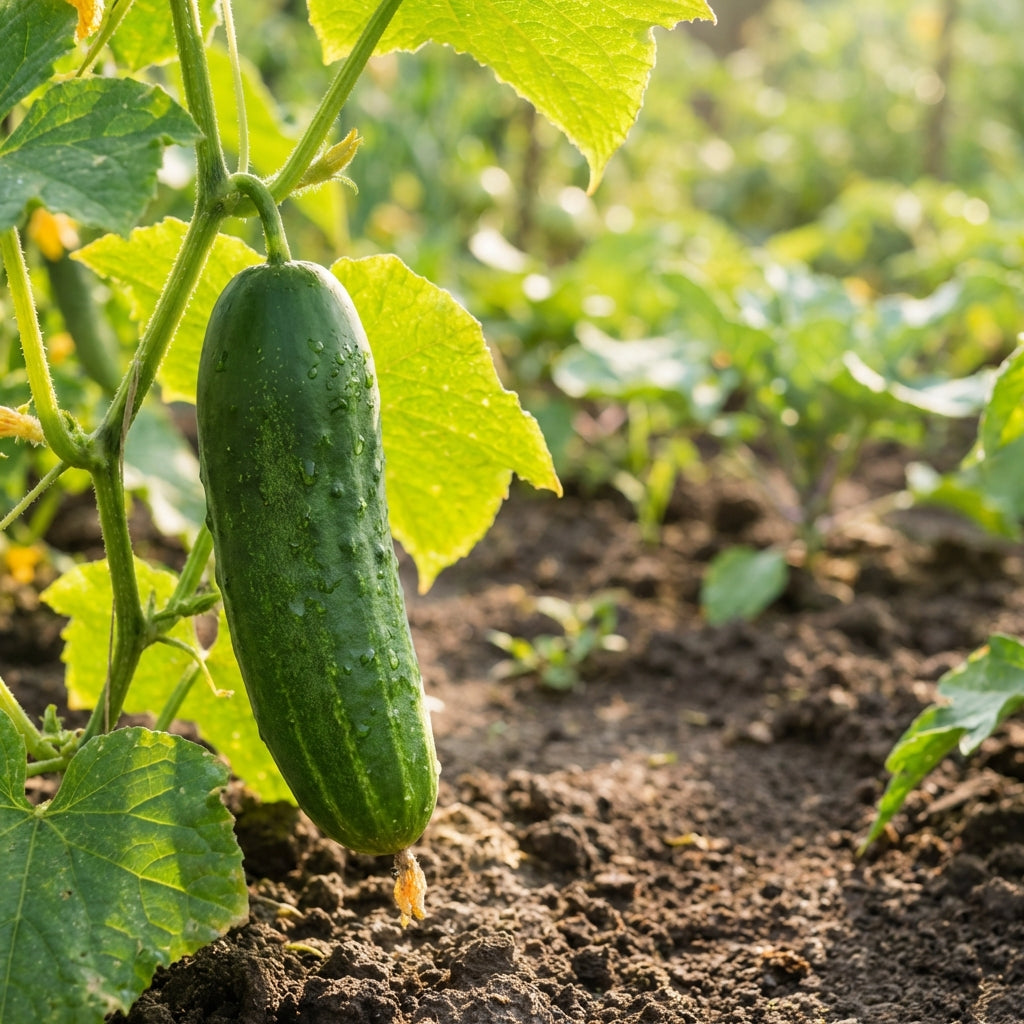 Cucumber - Lebanese: A high-yielding vine variety thriving in sunny gardens, with vibrant green leaves and healthy soil.