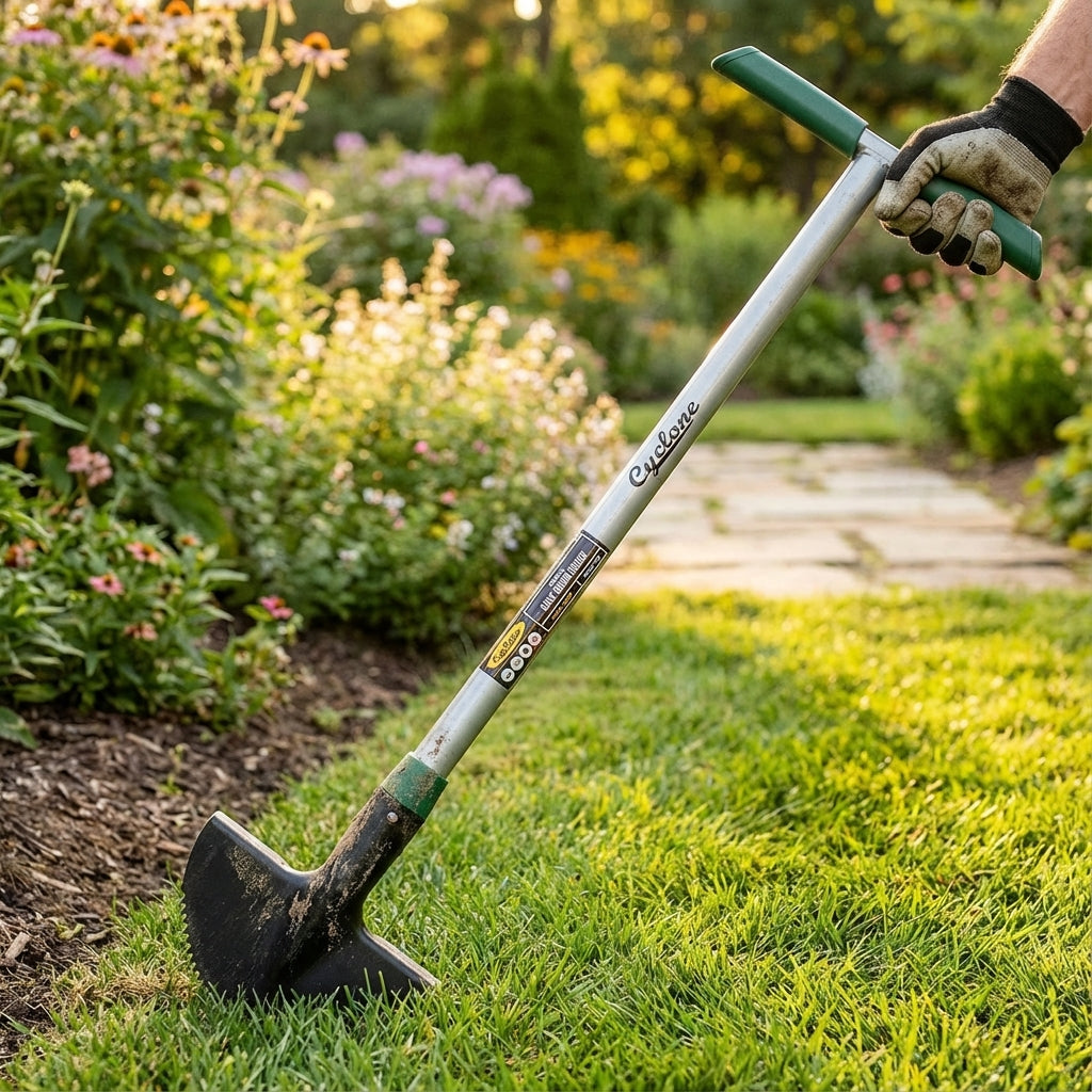 A gloved hand uses the Cyclone Half Moon Edger T-Handle to trim grass along a garden bed in a sunny yard.