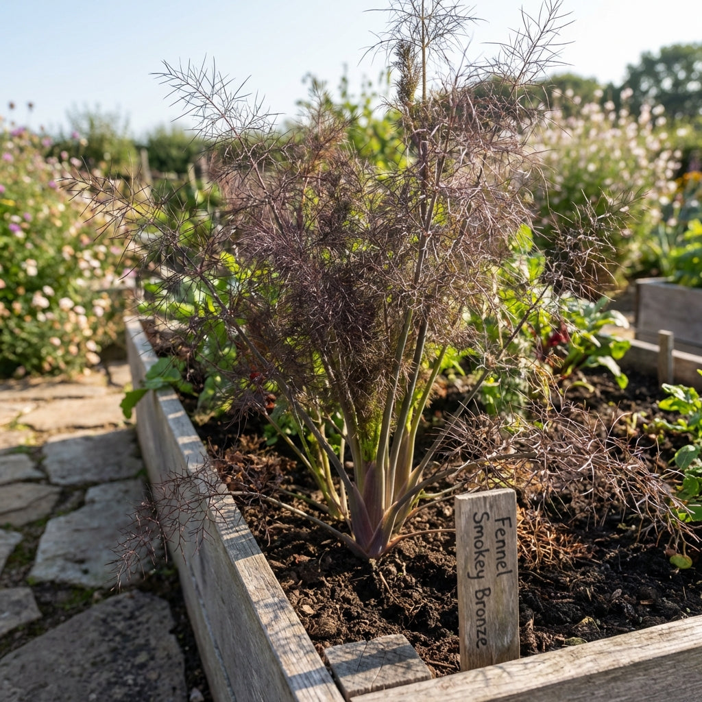 Fennel Smokey Bronze (Foeniculum vulgare purpurascens), an ornamental herb with striking bronze leaves, grows in a raised garden bed with a handwritten label, surrounded by other plants.