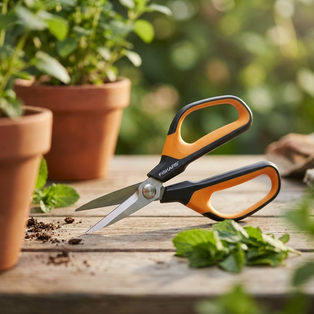 A Fiskars SP15 Solid Pruning Shears with microtip blades rests on a wooden table, surrounded by potted plants and green leaves, ideal for precise plant trimming.