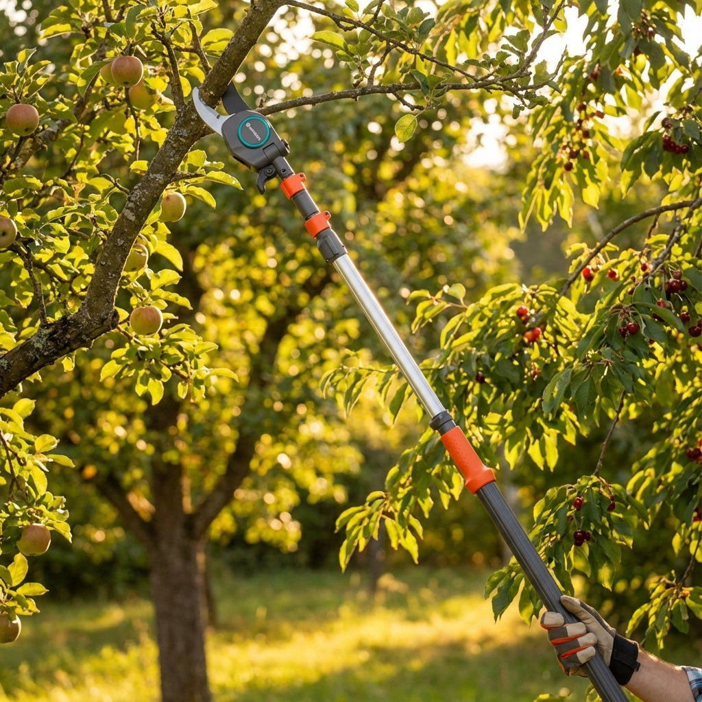 A person uses the GARDENA Telescopic Tree Pruning Lopper to trim high branches on a fruit tree in a sunny orchard, making pruning easier and more efficient.