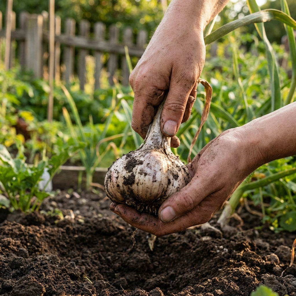Hands pulling a large, dirty Garlic Italian Purple (Bulb) - Allium sativum from garden soil with green plants in the background, ideal for cooking.