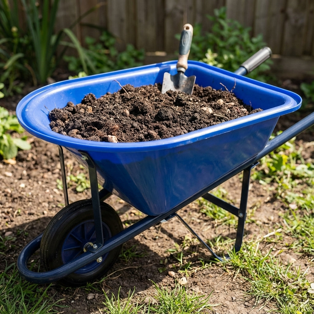 An assorted colour Kids Poly Tray Wheelbarrow filled with soil, with a hand trowel on top, set in a charming garden scene.