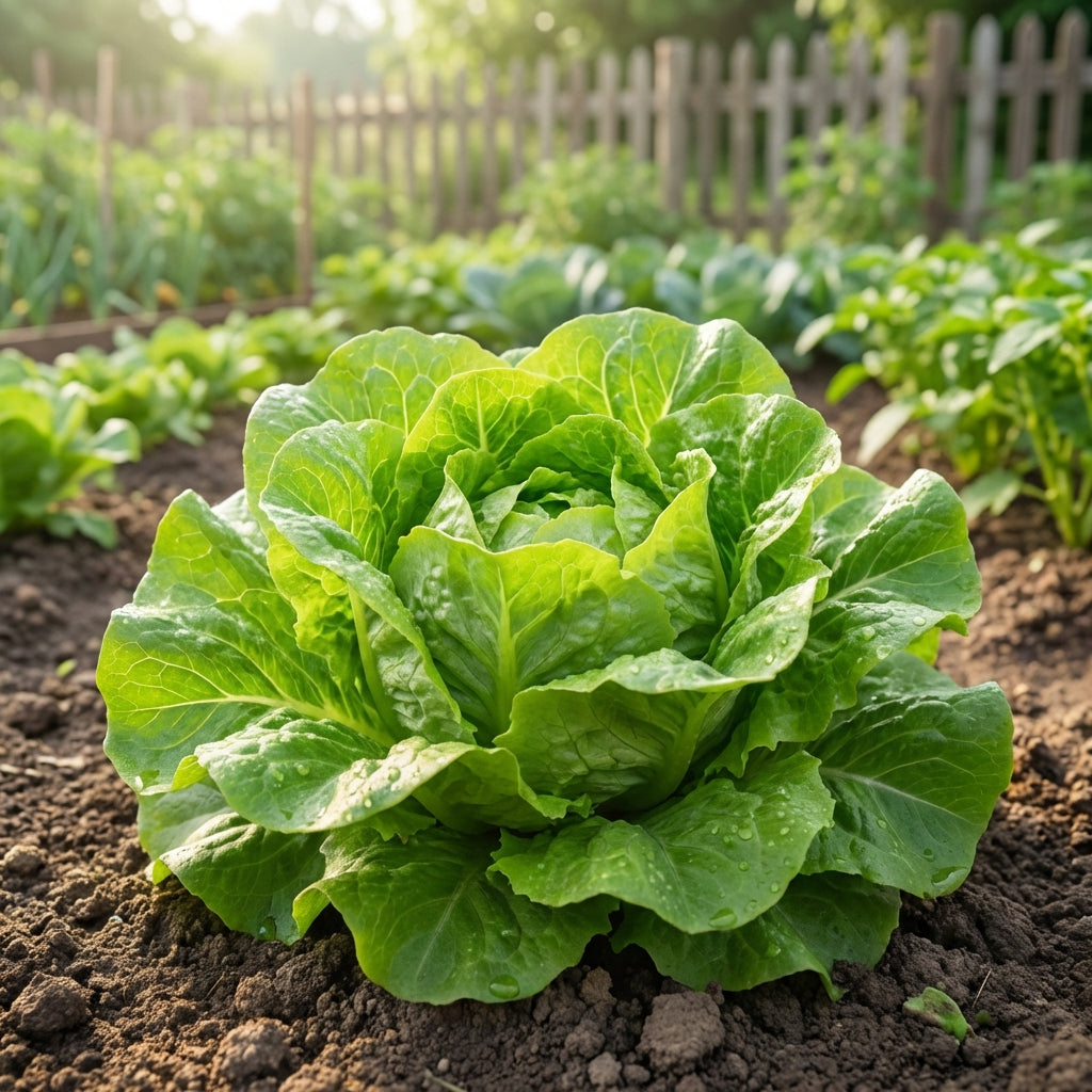 A head of Lettuce- All Year Round flourishes in a sunlit garden, with a wooden fence as the backdrop.