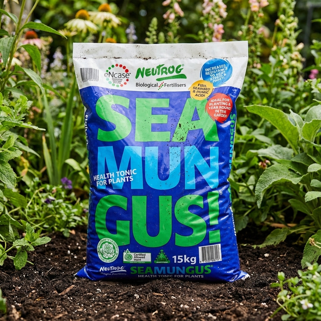 A 4kg bag of Richgro Urea sits in a thriving garden with green plants, providing nitrogen to help lawns look greener and healthier.