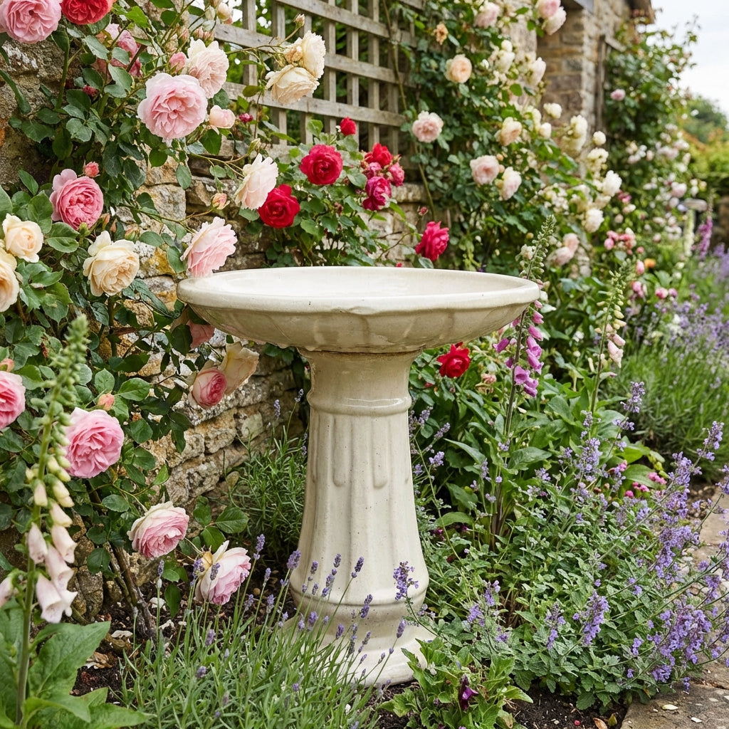 A stone birdbath surrounded by blooming roses and purple flowers enhances the garden, while nearby the Hydro Planter displays vibrant greenery for a modern touch.