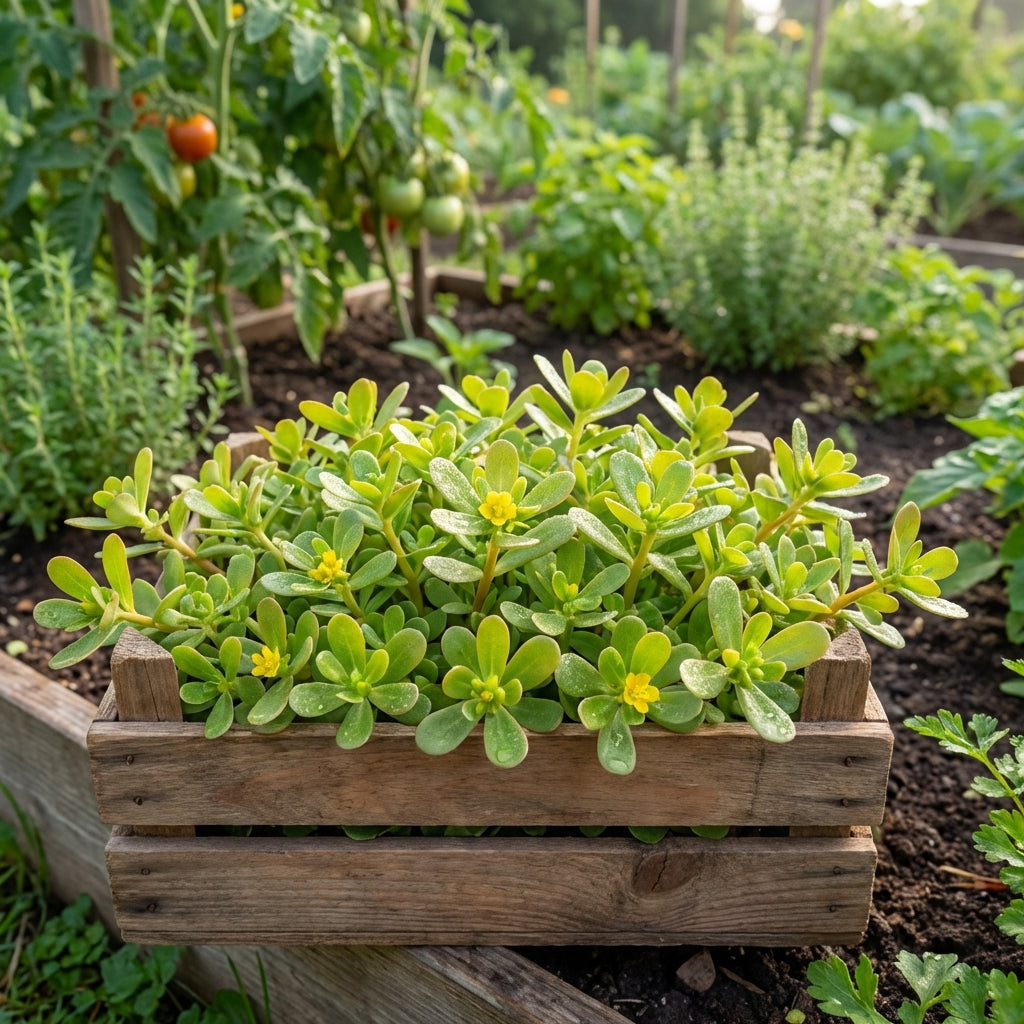 A wooden crate of Purslane Golden (Portulaca oleracea sativa), a heat- and drought-tolerant succulent with yellow flowers, is shown in a raised garden bed with vegetables in the background.