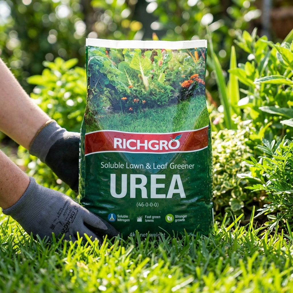 Wearing gloves, a person places a bag of Richgro 4kg Urea, a potent nitrogen fertiliser, onto green grass in the garden.