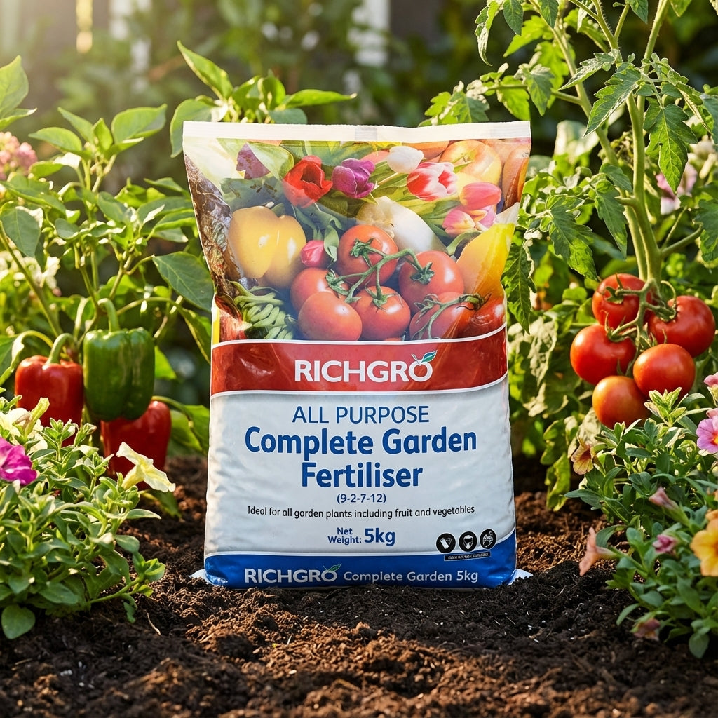 A bag of Richgro All Purpose Complete Garden Fertiliser rests among tomato, pepper, and flowering plants in a garden.