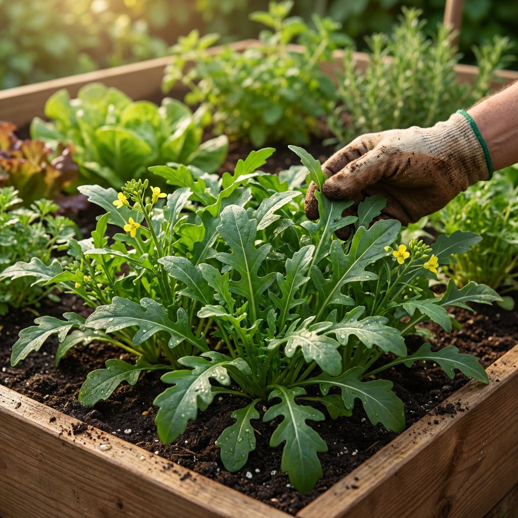 A gloved hand cares for fast-growing Rocket - Eruca sativa seeds in a raised wooden garden bed under the sun.