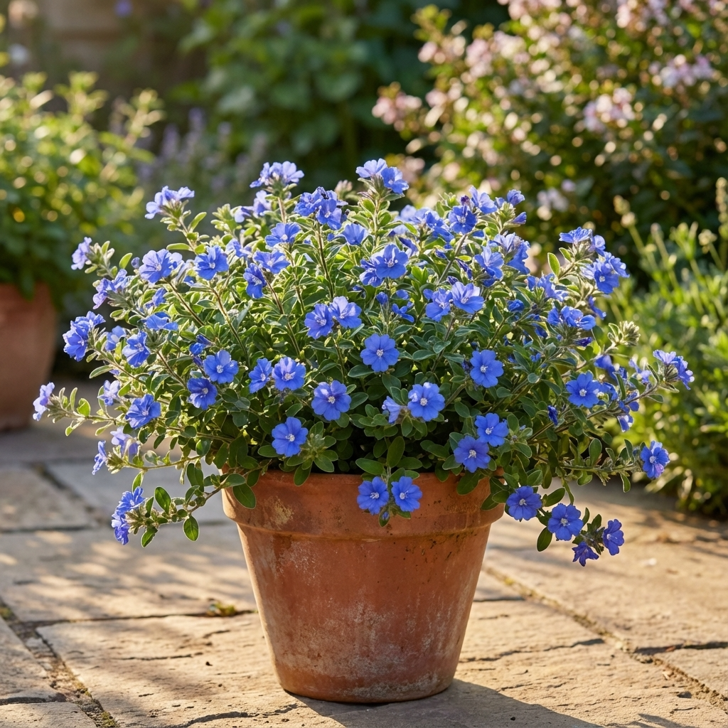 A terracotta pot with Sapphire Blue Evolvulus (Evolvulus pilosus 'Sapphire Blue') blooms rests on a sunlit stone patio, surrounded by lush greenery.