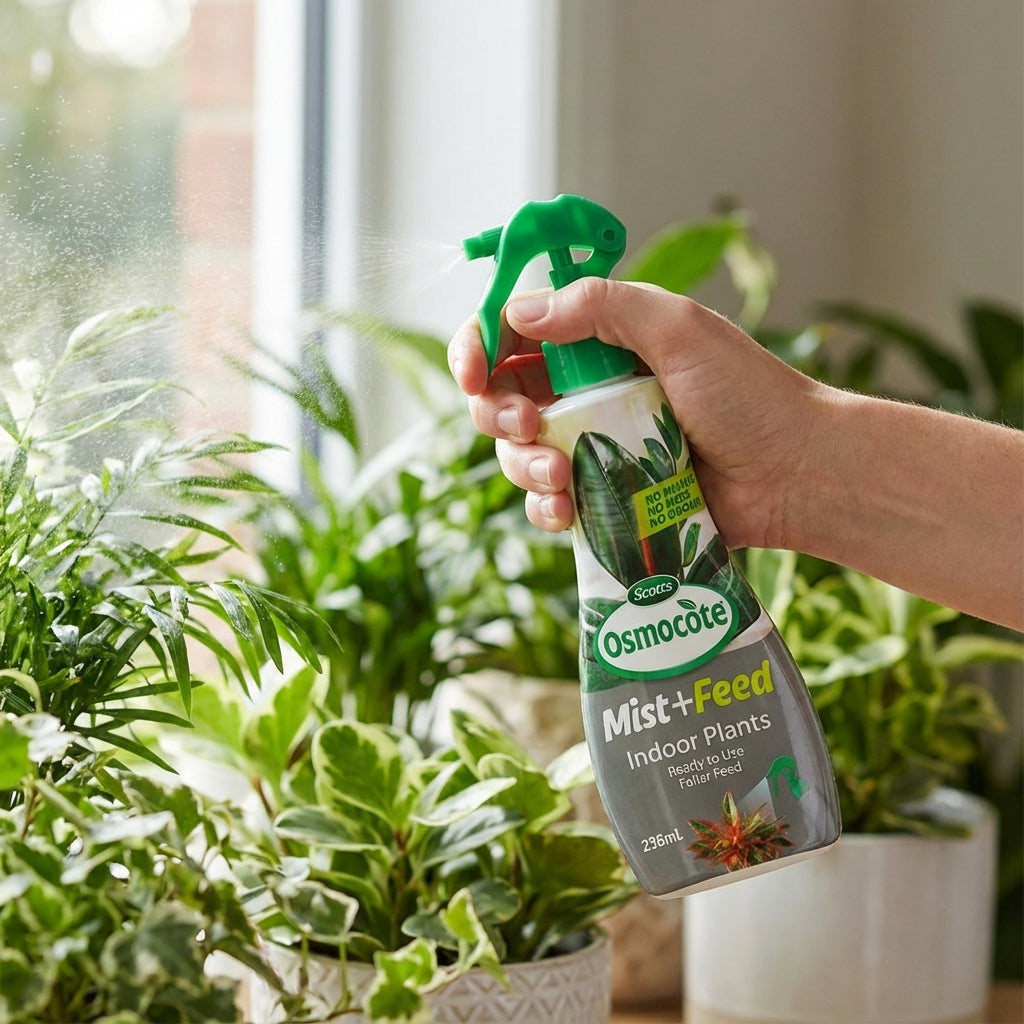 A hand sprays Scotts Osmocote 236ml Mist+Feed for Indoor Plants, a foliar feed, onto leafy greens beside a sunlit window.