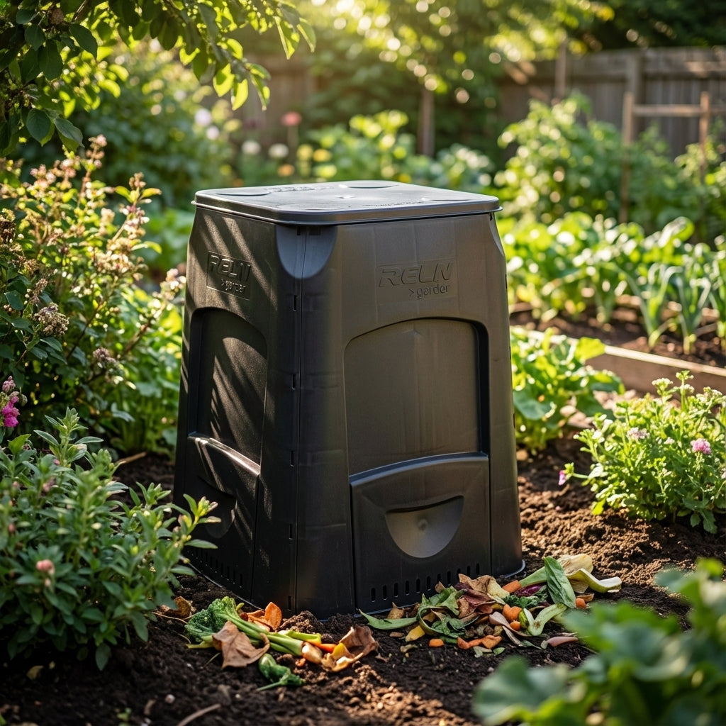 A 15kg bag of Neutrog Seamungus Garden Fertiliser sits in a sunny garden, surrounded by plants and vegetable scraps, helping create rich natural fertiliser and conditioner for thriving greenery.