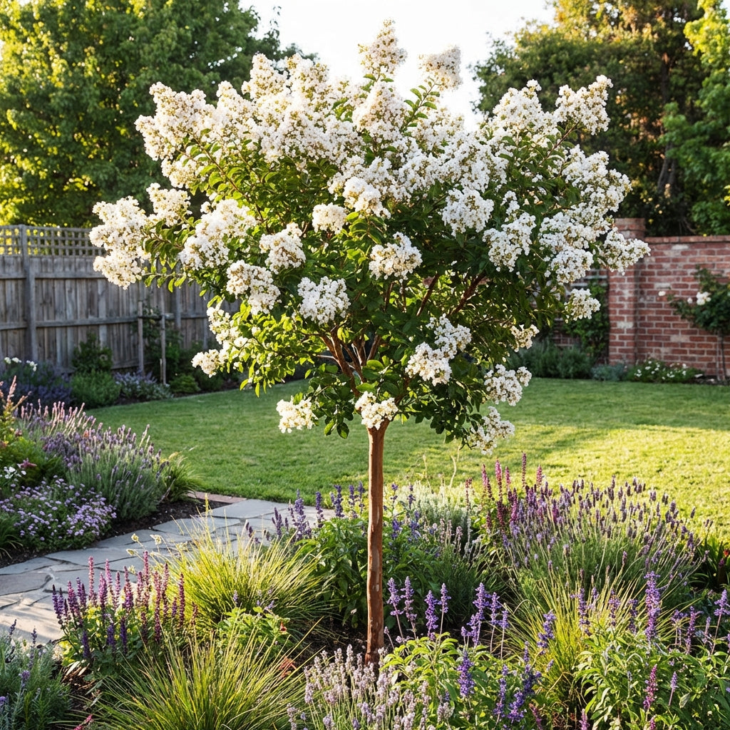 Lagerstroemia 'Natchez' White Crepe Myrtle, a drought-tolerant variety with white blooms, thrives in sunny gardens and pairs beautifully with purple and green accent plants.