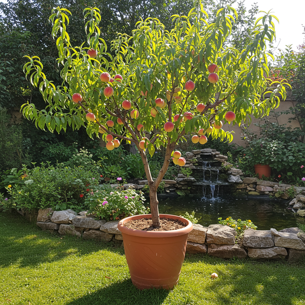 A potted White Opal Peach Tree (Prunus persica 'White Opal') with ripe, white-fleshed peaches stands on grass by a small garden pond and stone waterfall, an ideal addition to your backyard orchard.