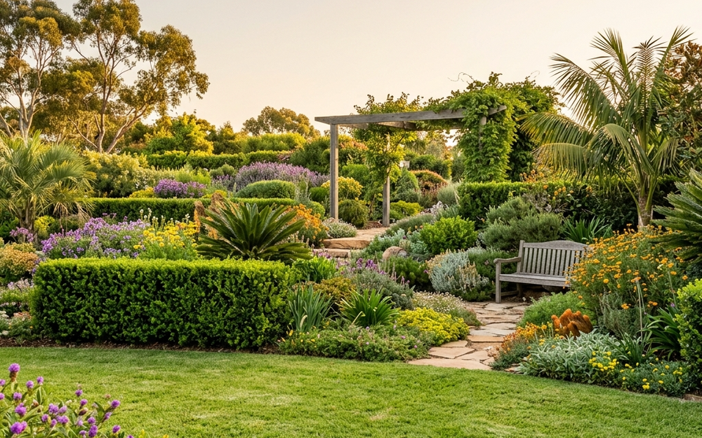 A designed Australian garden with layered hedges, a feature tree and flowering natives