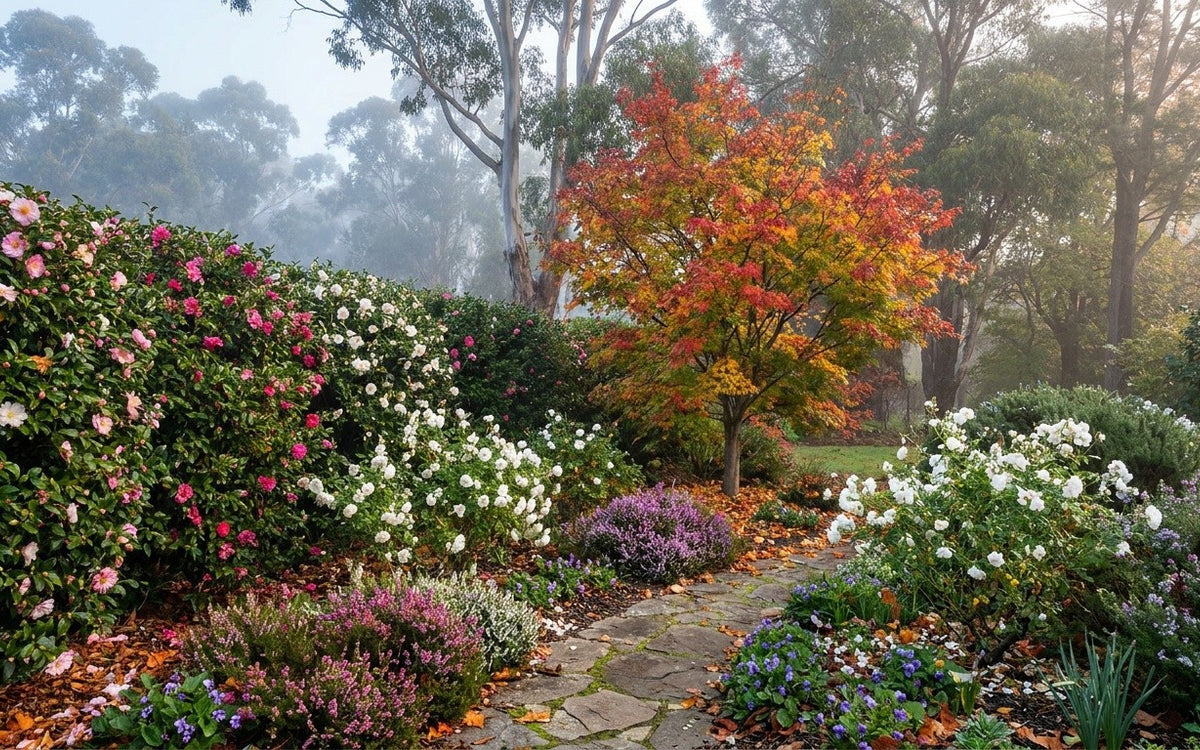 An Adelaide Hills garden with a camellia hedge, drift roses and a maple