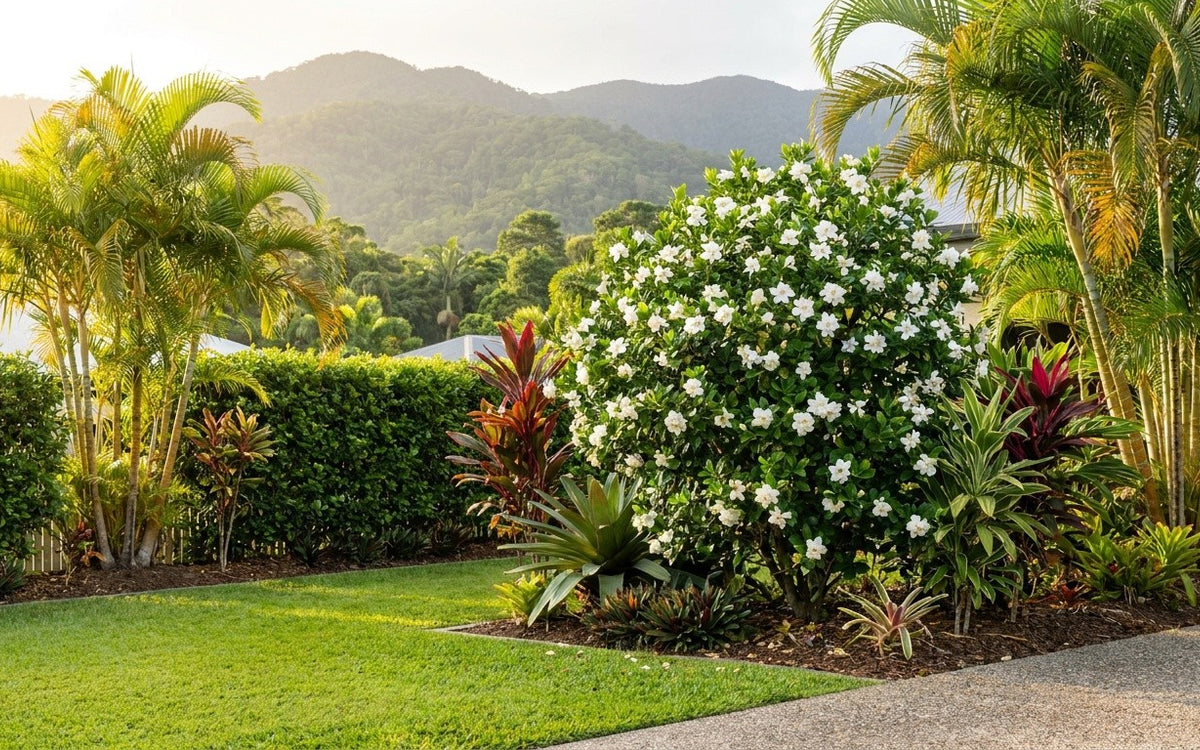 A Cairns tropical garden with palms, a lilly pilly hedge and gardenias