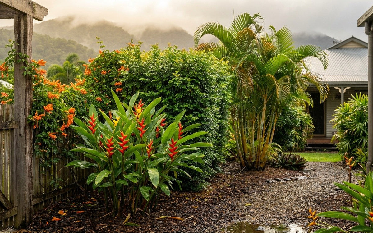 An Innisfail garden with palms, a lilly pilly hedge, heliconias and a trumpet vine