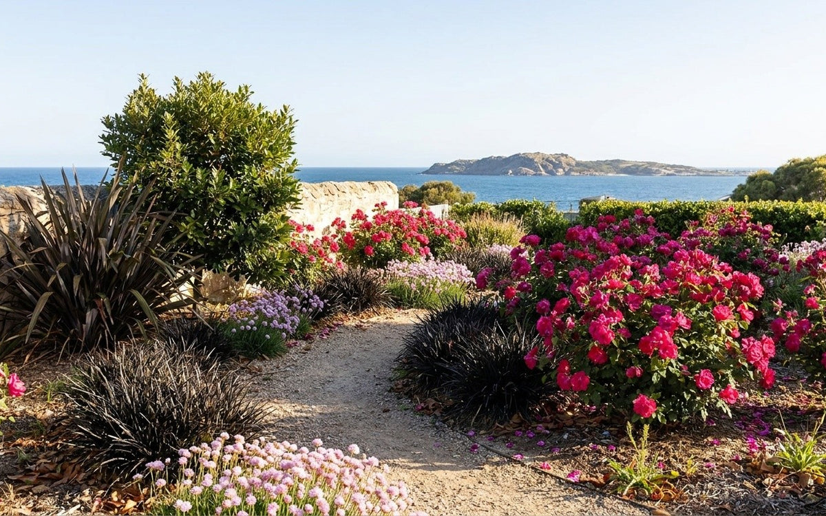 A Fleurieu Peninsula garden with roses, black mondo grass and a phormium