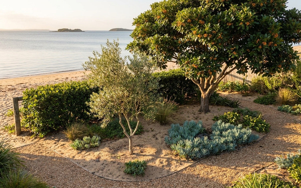 A Hervey Bay garden with a tuckeroo, an olive tree and lilly pilly hedging