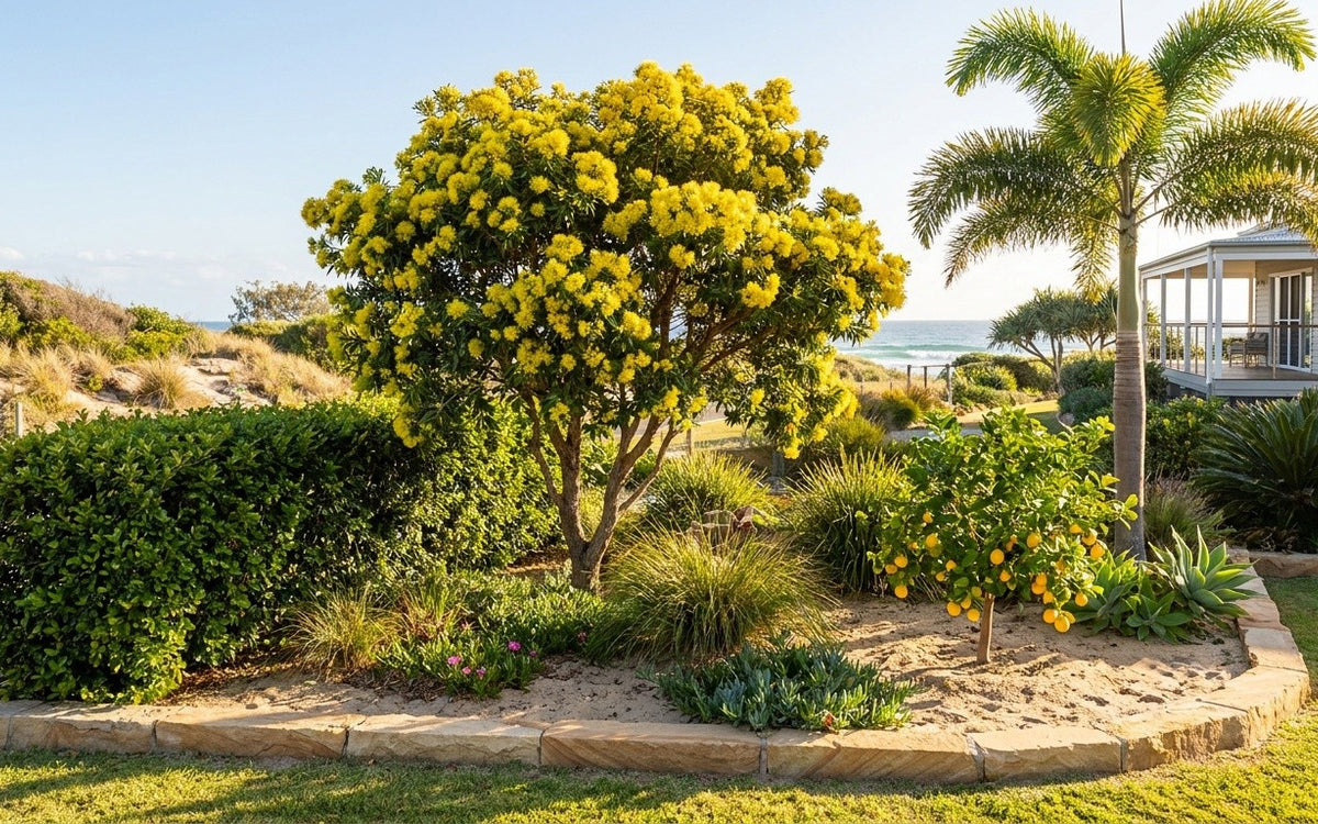 A Gladstone garden with a golden penda, lilly pilly hedge, palm and lemon tree