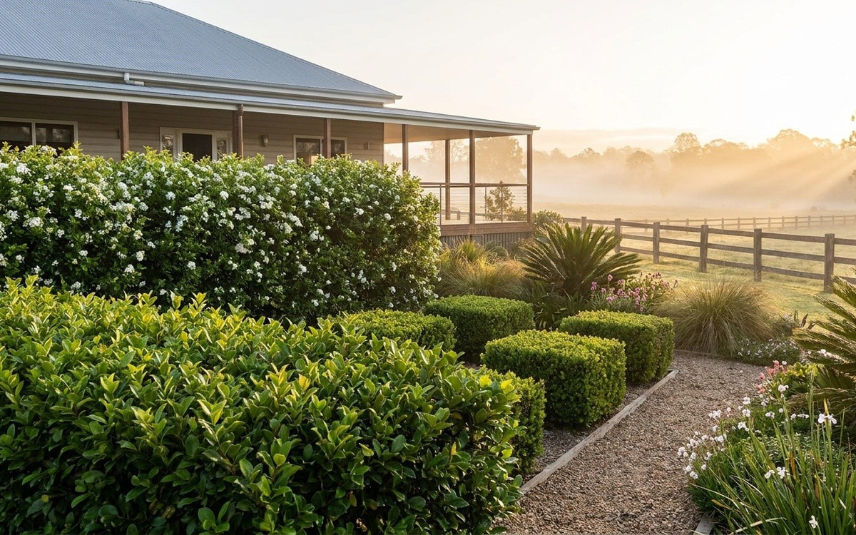 A Gympie garden with a lilly pilly hedge, clipped box and a murraya screen