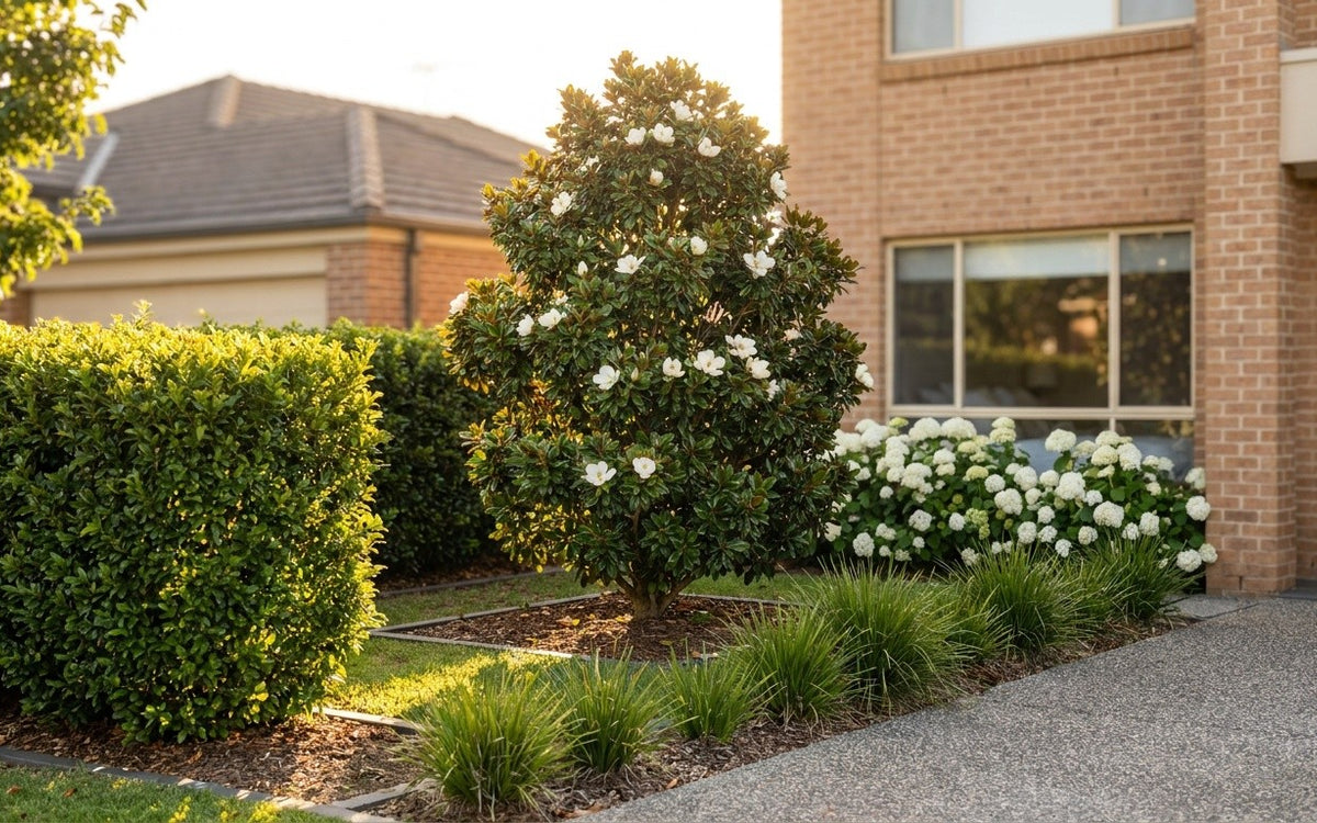 A Hills District garden with a magnolia, a lilly pilly hedge and hydrangeas