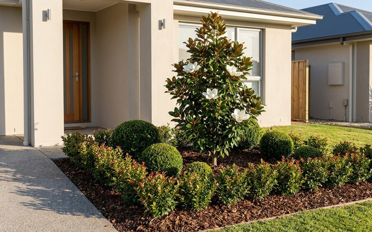 An Ipswich front garden with a young lilly pilly hedge, box balls and a magnolia