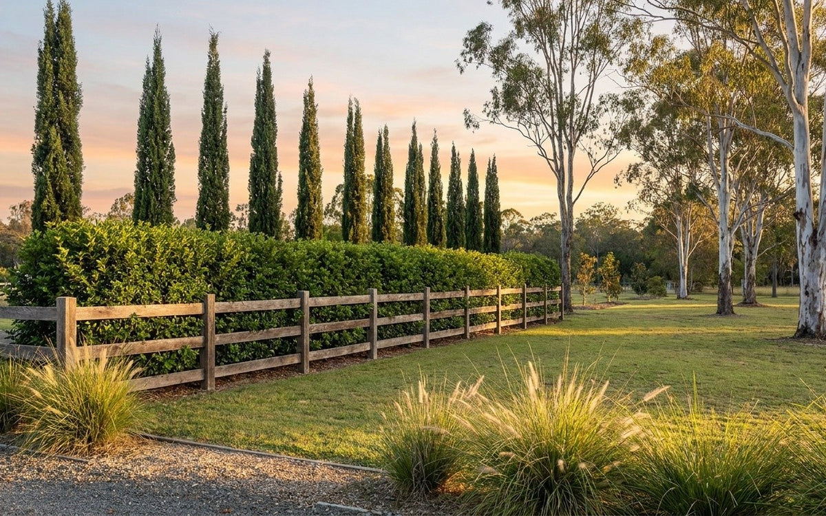 A Logan acreage garden with a long lilly pilly hedge and pencil pines