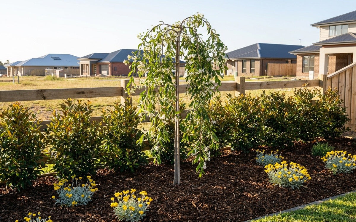 A Macarthur new-estate garden with a young lilly pilly hedge and yellow buttons