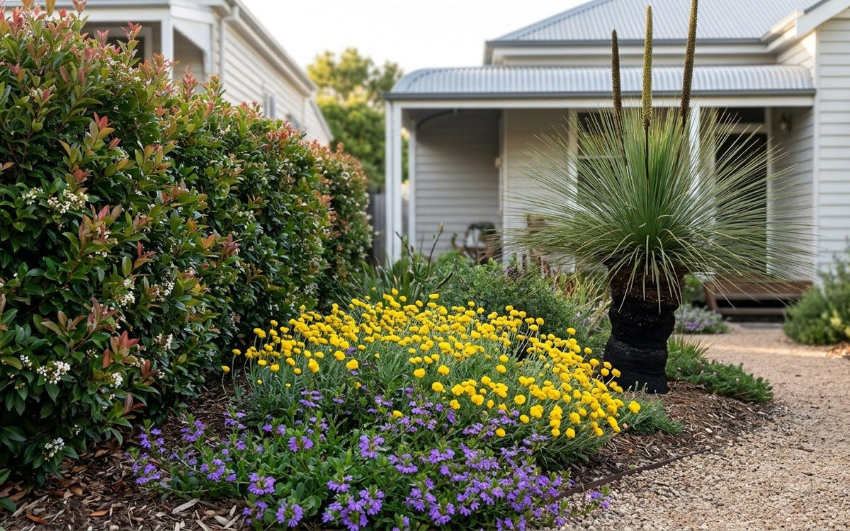 A northern Melbourne garden with a lilly pilly hedge, native daisies and a grass tree
