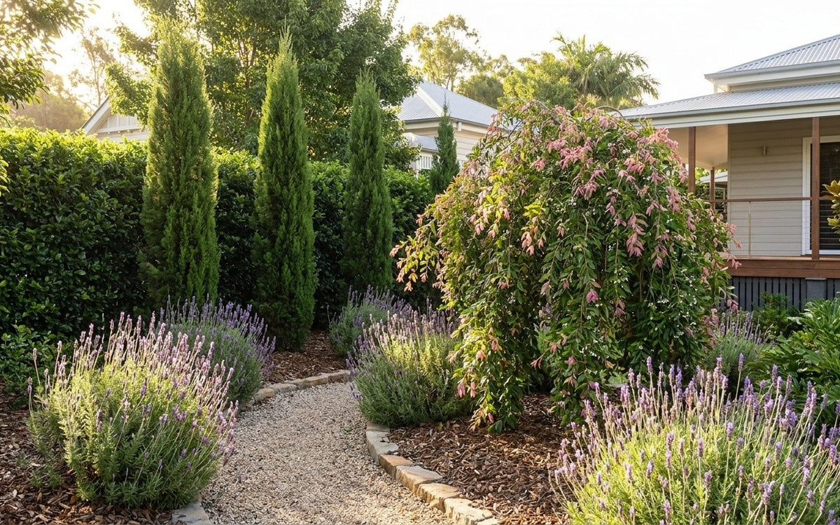 A Moreton Bay garden with lilly pilly hedging, arborvitae and lavender