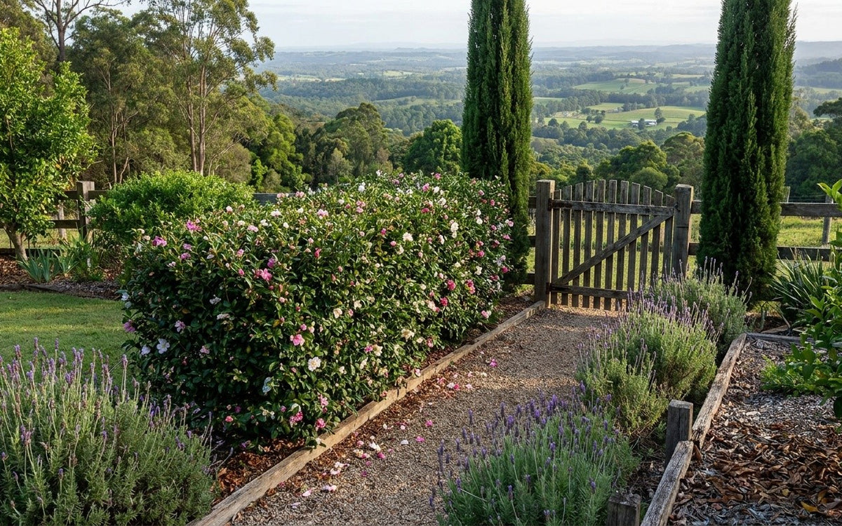 A Tamborine Mountain garden with a camellia hedge, lavender and pencil pines