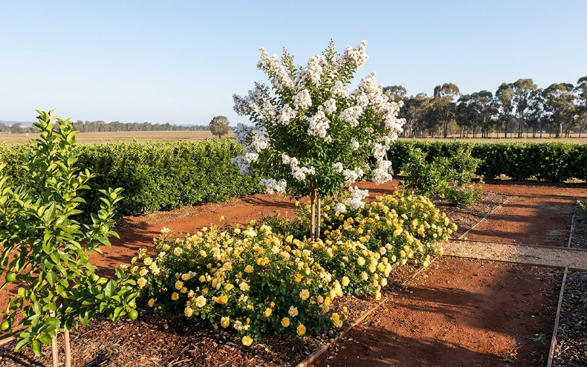 A Kingaroy garden with a crepe myrtle, roses and a young citrus tree