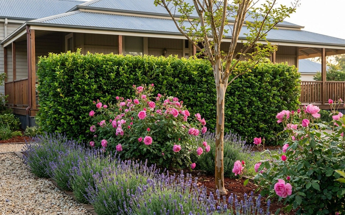 A Toowoomba garden with a Leighton Green hedge, roses and lavender