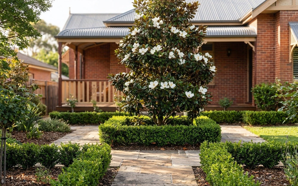 A Sydney garden with box hedges and a magnolia in flower