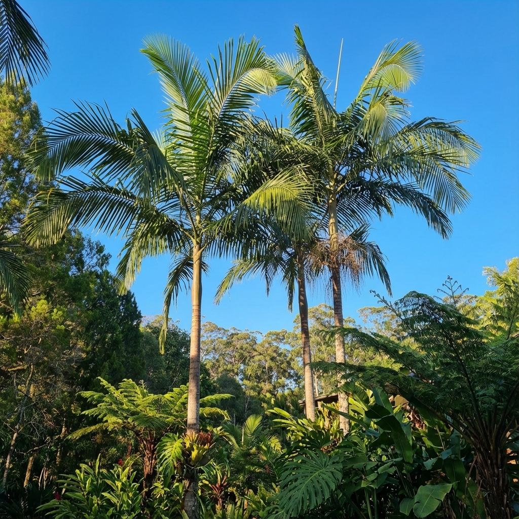 Arching bangalow palm fronds above dense green understorey planting under a clear blue sky