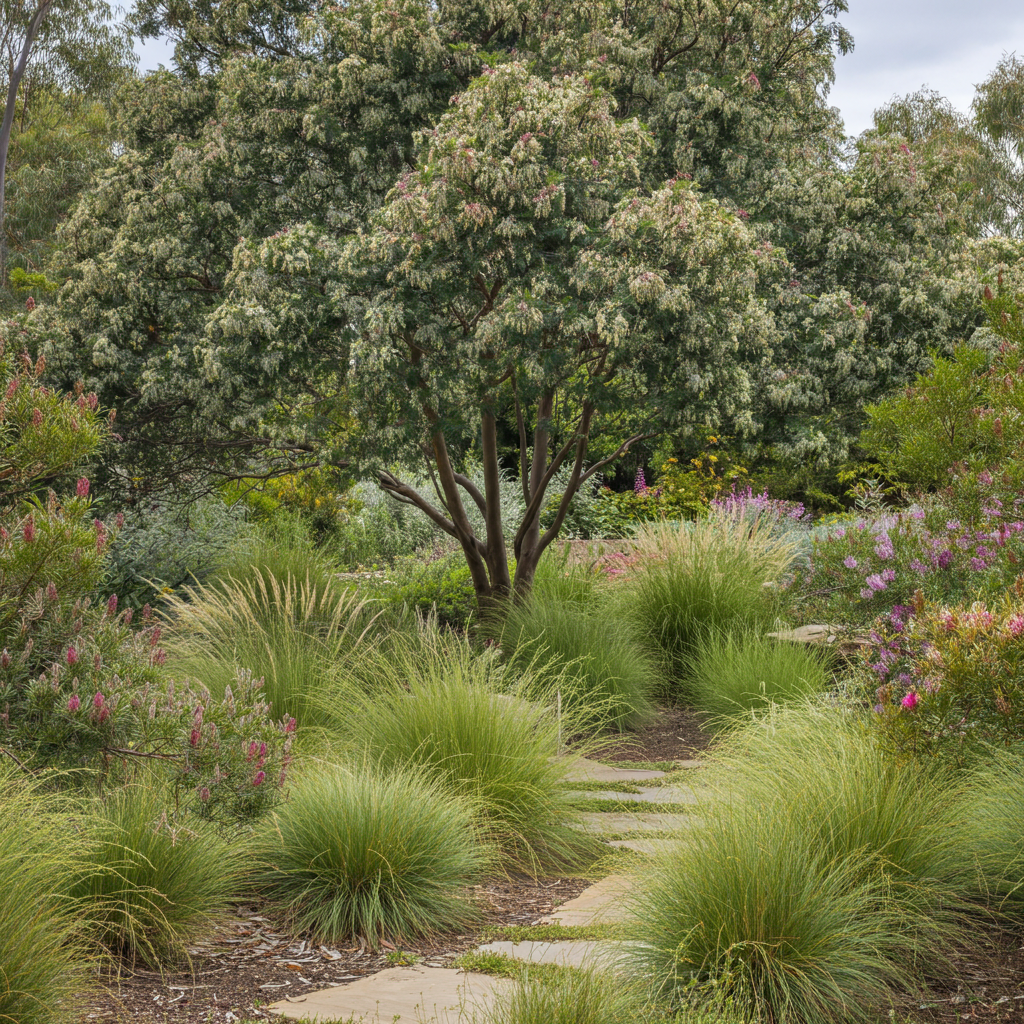 Native tussock grasses planted close along a garden path with a Blueberry Ash tree set well back behind them