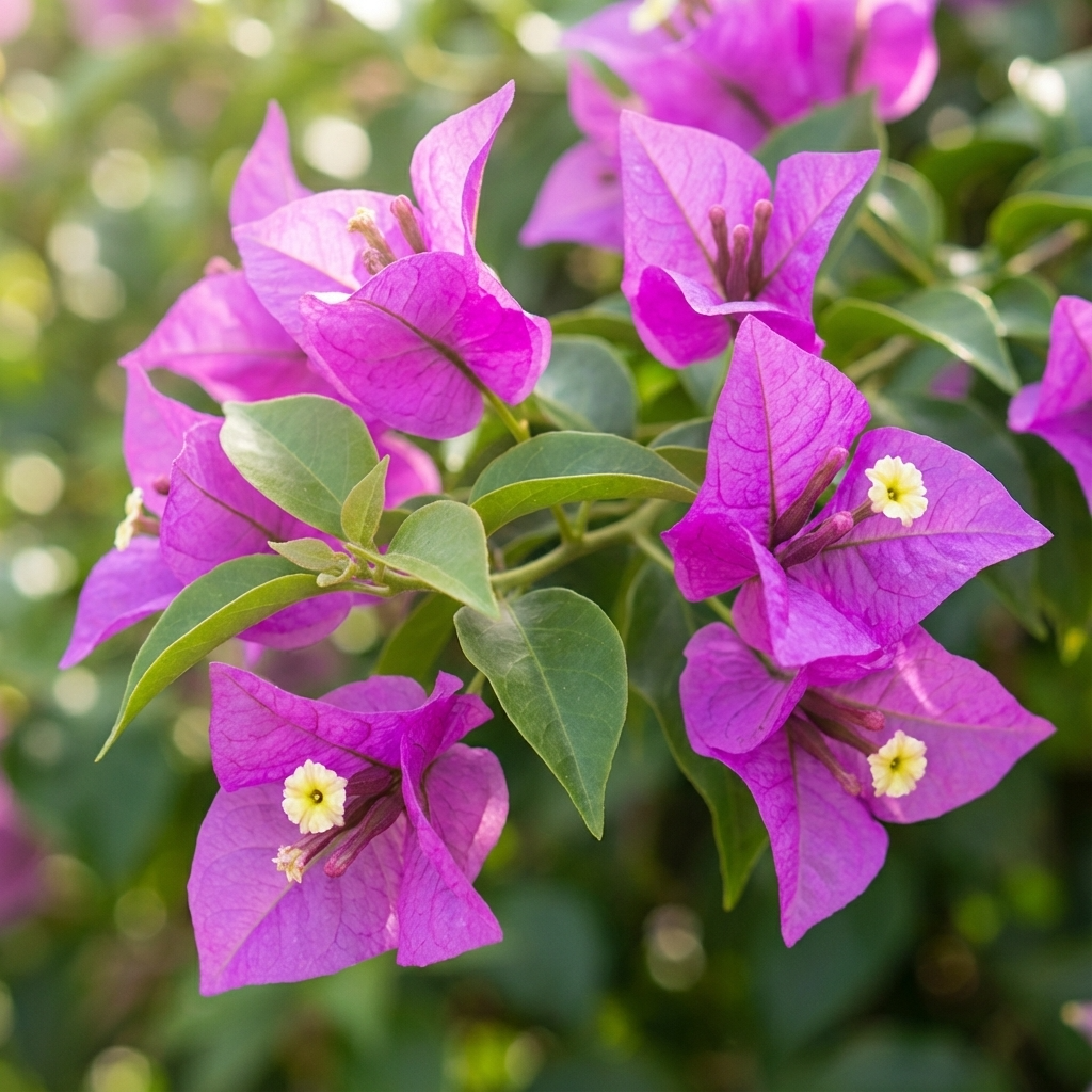 Bougainvillea covered in vivid purple bracts cascading over a sunny garden wall