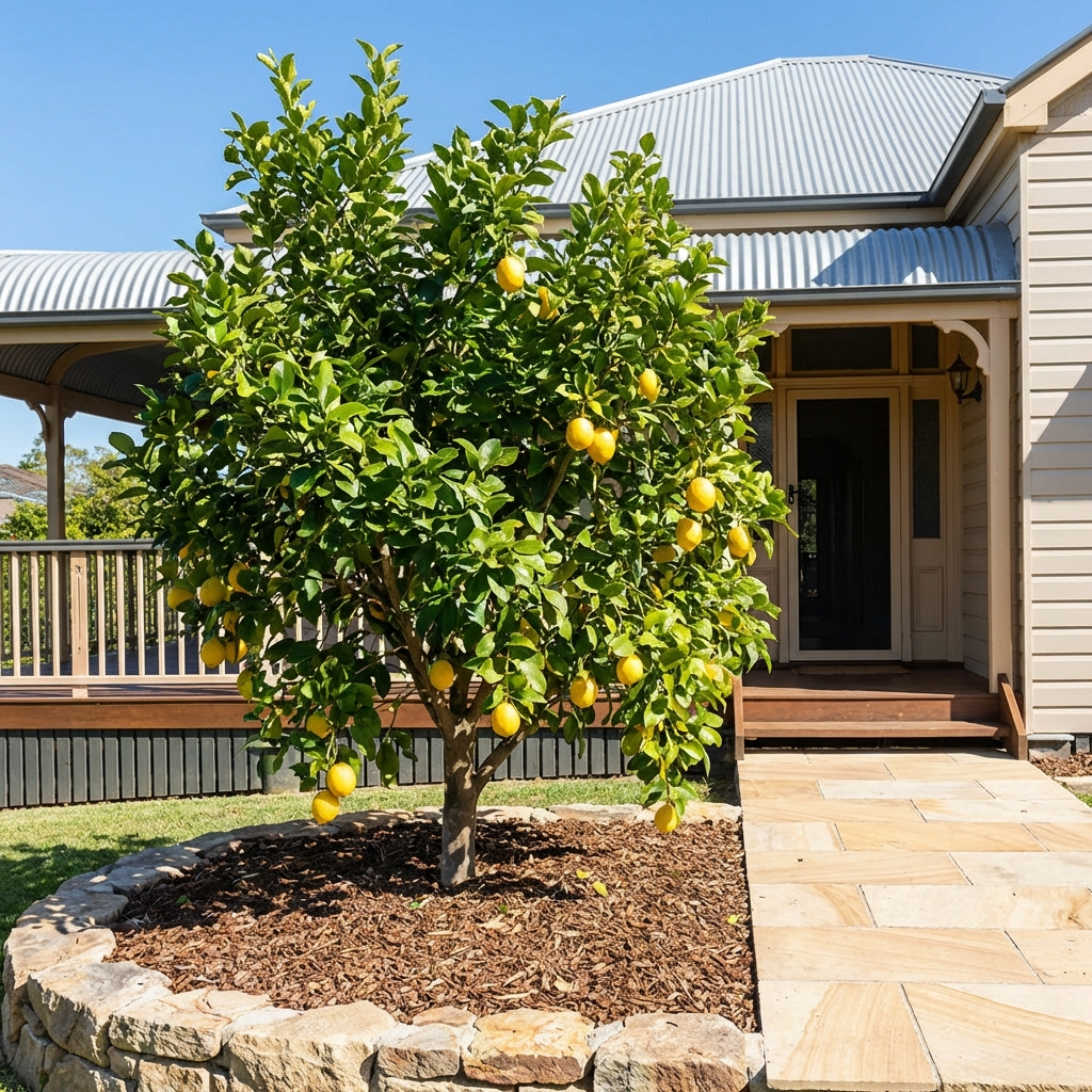 Eureka lemon tree carrying ripe yellow lemons beside a home entrance