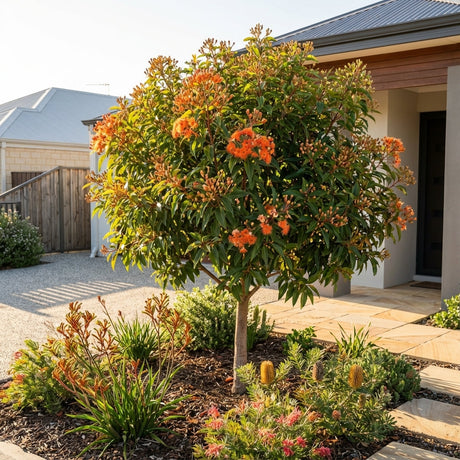 Flowering gum in bloom with dense clusters of orange blossom above leathery green foliage